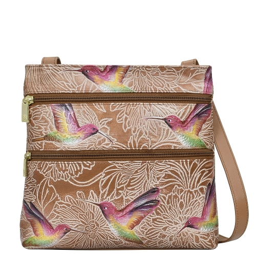 TOOLED BIRDS- TAN MED. CROSSBODY DOUBLE ZIP