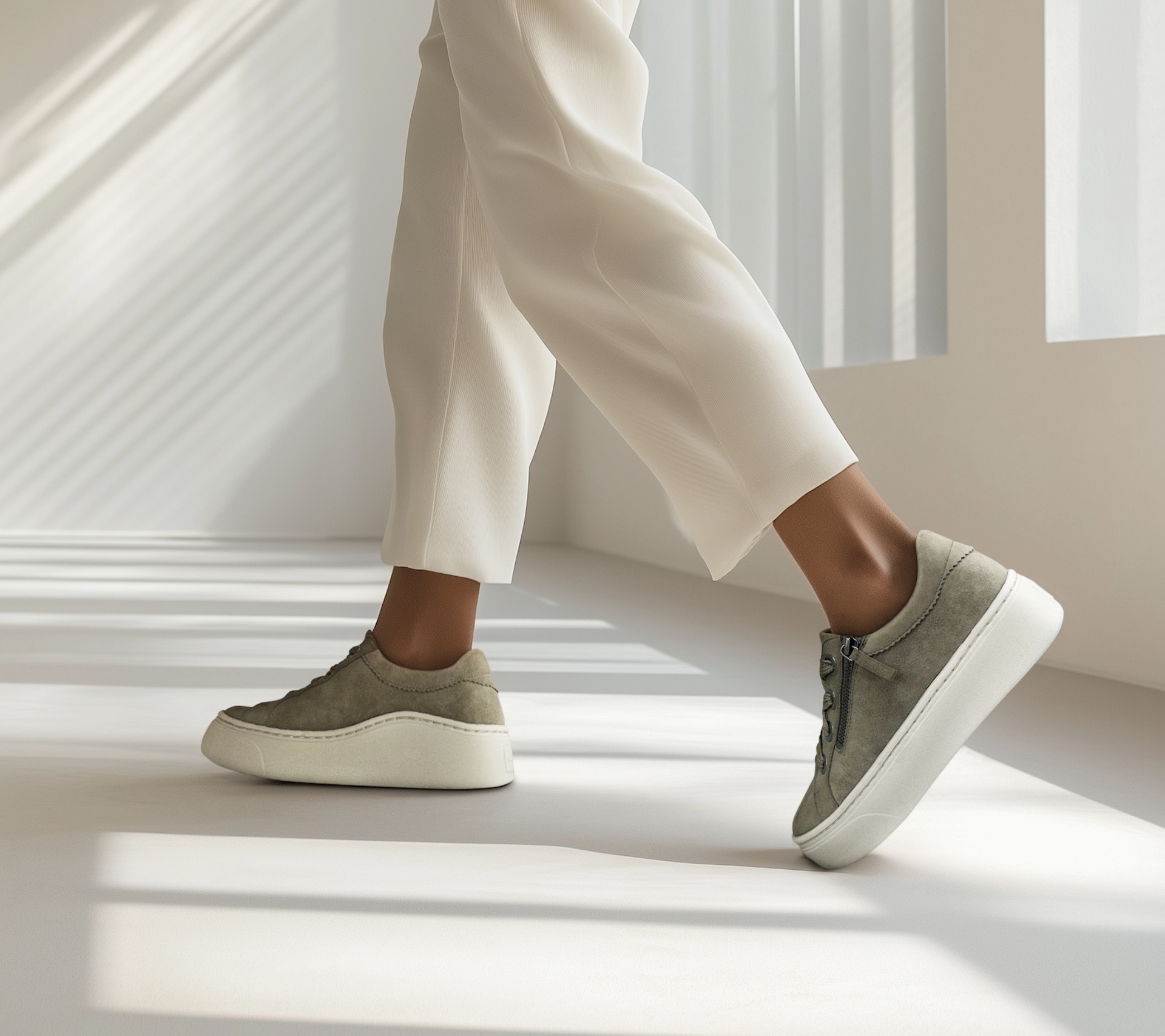 Woman is in a walking motion towards the left of the picture wearing chunky, casual sneakers. Image shows just the waist down of the woman. 